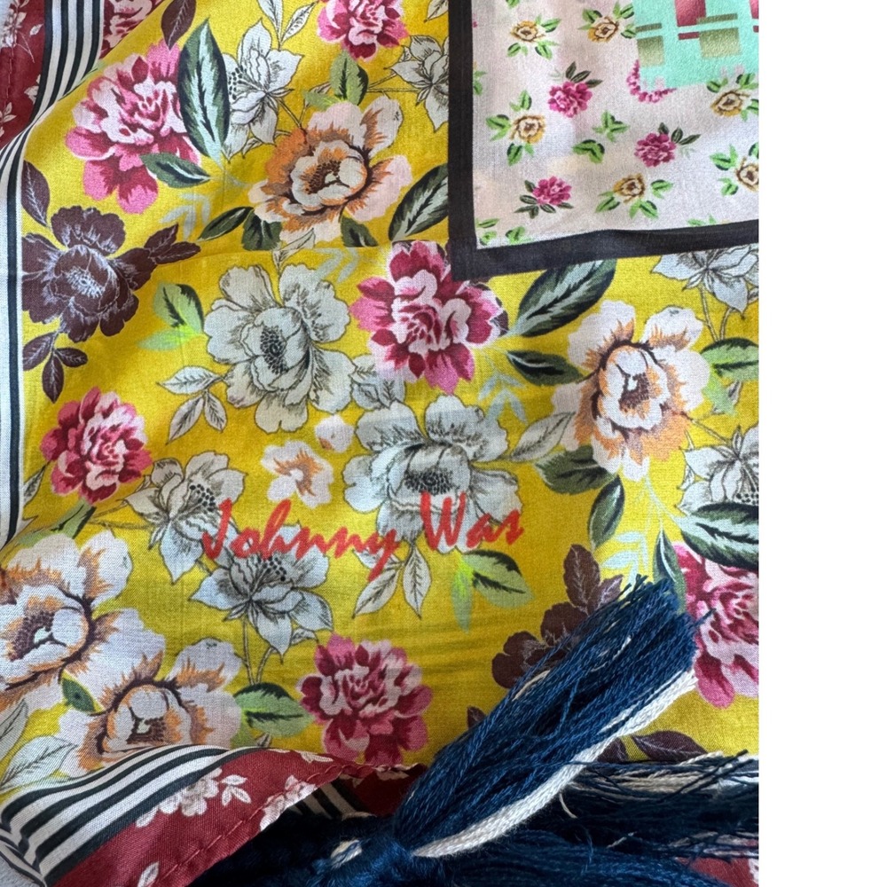 Johnny Was Silk Scarf Floral Mixed Print Tassel Boho Yellow Green 42x42